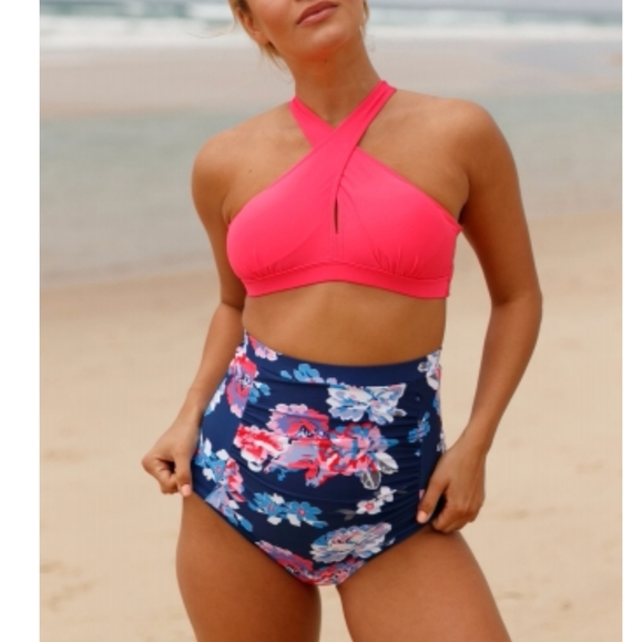 Pink Cross Front Bikini Vintage Floral High Wai - Picture 4 of 5